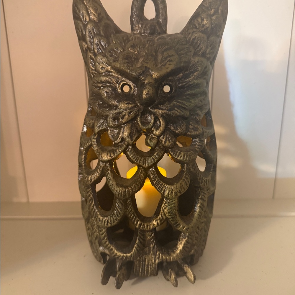 Antique Mid Century Cast Iron Owl Handing Garden Lantern Candle Holder HEAVY